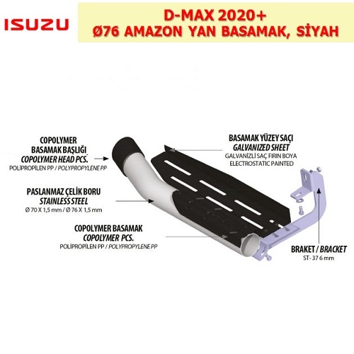 ISUZU D-MAX 2020+ Ø76 AMAZON YAN BASAMAK, SİYAH